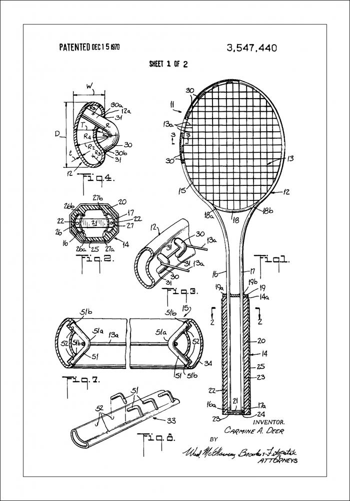 Bildverkstad Patent Print - Tennis Racket - White Poster