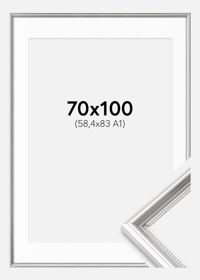 Ram med passepartou Rahmen Gala Silber 70x100 cm - Passepartout Weiß 59,4x84 cm (A1)