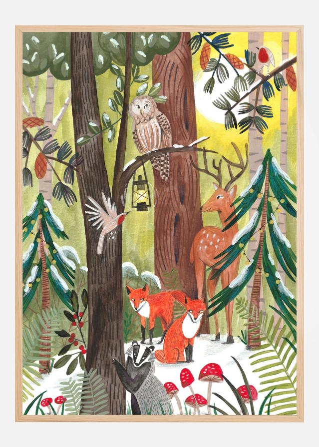 Bildverkstad Green Christmas forest with animals Poster