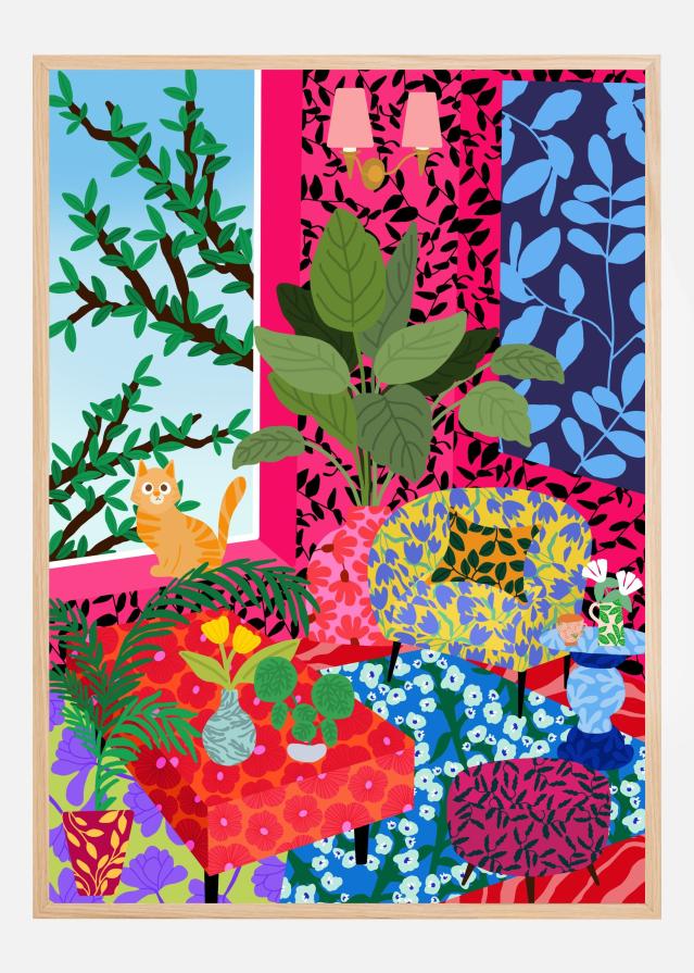 Bildverkstad Cat in Flower Power Livingroom Poster