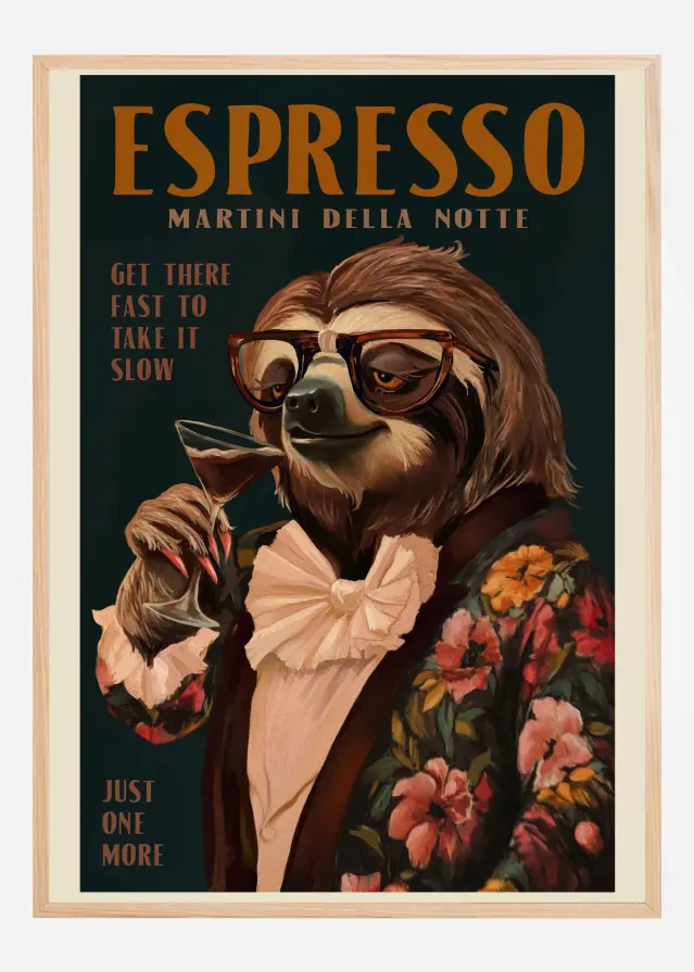 Bildverkstad Art Deco Espresso Martini Drinking Sloth Poster