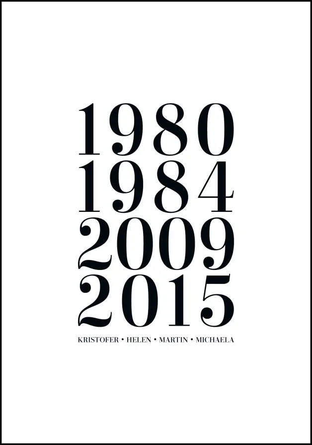 Personlig poster Familienbild - 4 Geburtsjahre & Namen - Weiß