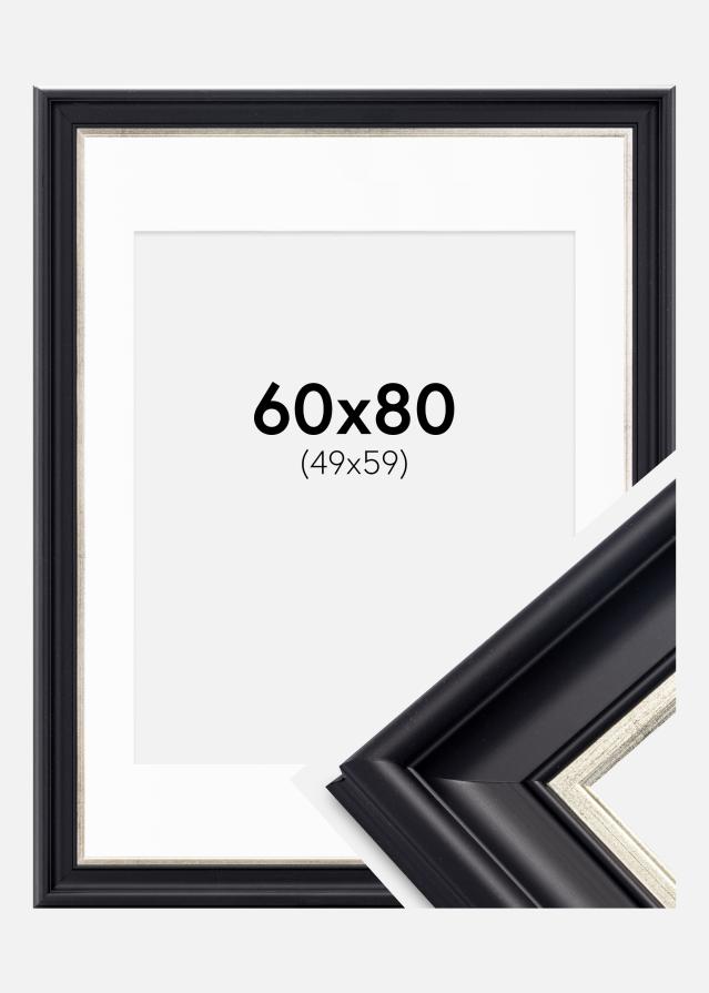 Ram med passepartou Rahmen Dalarna Schwarz-Silber 60x80 cm - Passepartout Weiß 50x60 cm