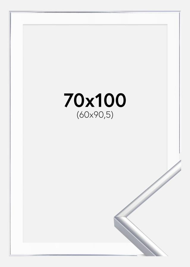 Ram med passepartou Rahmen Aluminium Silber glänzend 70x100 cm - Passepartout Weiß 61x91,5 cm