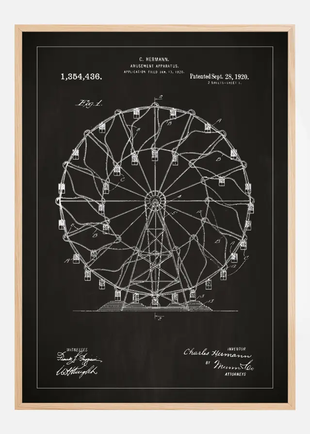 Bildverkstad Patentzeichnung - Riesenrad - Schwarz Poster