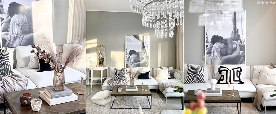 Bilderrahmen groß, weiß mit Foto in Schwarzweiß im hellen Wohnzimmer