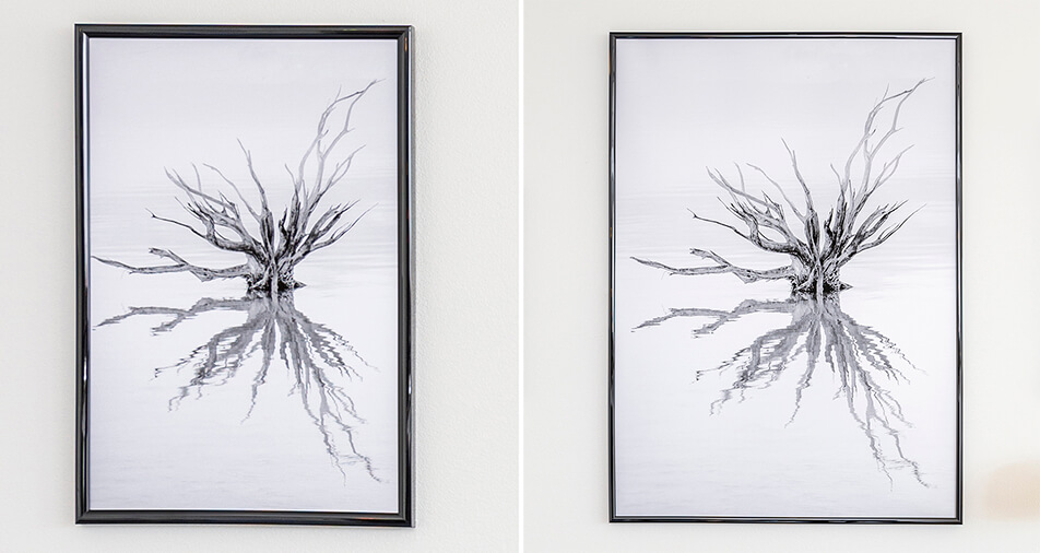 Zwei glänzende schwarze Rahmen mit Schwarz-Weiß-Motiv