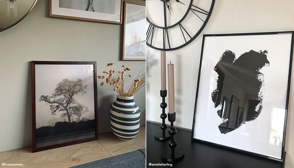 Stående tavlor på skänk i vardagsrum