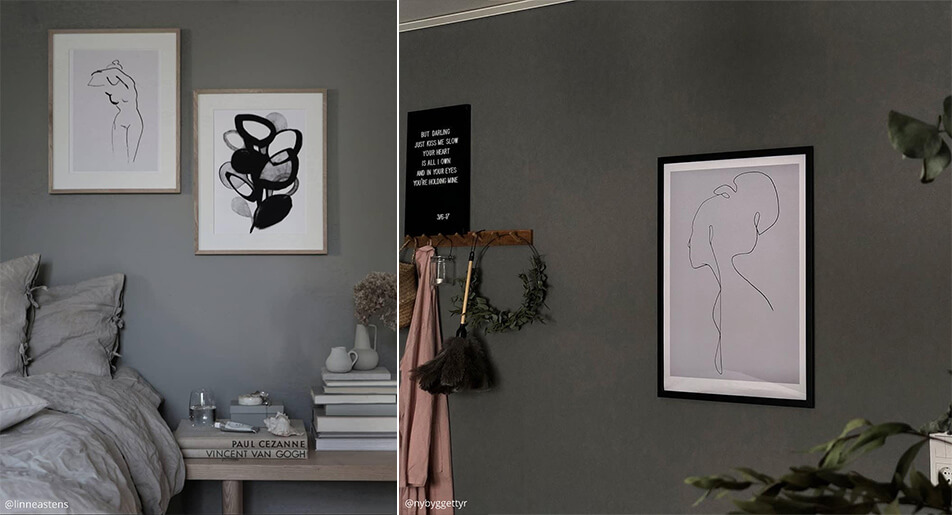 Helle, grafische Poster auf dunklen Wänden