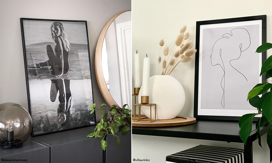 Stilren inredning med svarta ramar och gröna växter