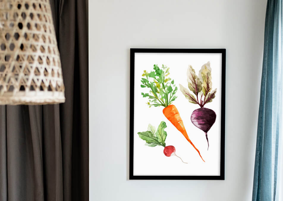 Küchenbild mit Gemüse vor weißer Wand - Kücheneinrichtung