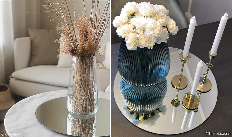 Runder Spiegel als Tablett für Kerzen und Blumen