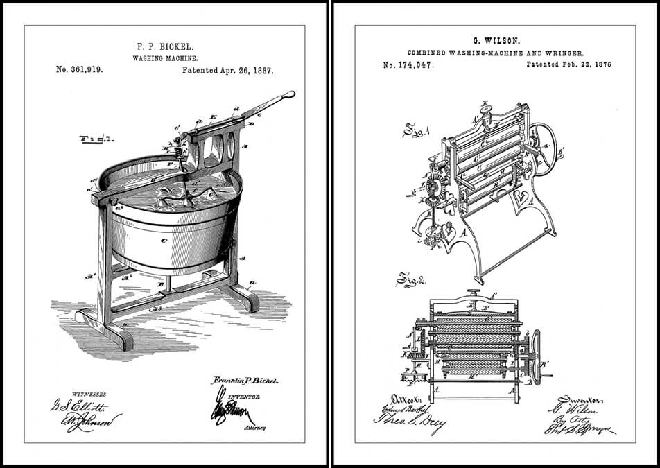 Poster mit Patentzeichnungen von Waschmaschinen 